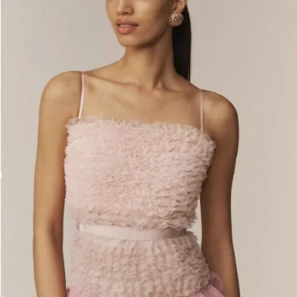 bhldn strapless midi ruffle dress BHLDN Juliet Strapless Tulle Ruffle Midi Dress